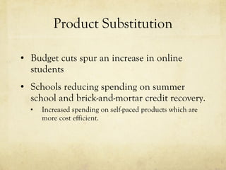 Product Substitution Budget cuts spur an increase in online students Schools reducing spending on summer school and brick-and-mortar credit recovery. Increased spending on self-paced products which are more cost efficient. 