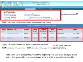 Math Browse Online Courses(OCR) Mathematics Algebra I  (3 resources) Trigonometry  (1 resource) Geometry  (1 resource) Linear   Algebra  (2 resources) Algebra   II  (1 resource) Probability and Statistics  (0 resources) Calculus  (2 resources) Advanced Placement Probability and Statistic s (1 resource) Note: show up to 20 recent reviews at the beginning until user clicks a subject at top. Note: clicking on subjects at top displays a list of just the resources for that subject.  As with ELR, make CC reviews yellow. Click on a column header to re-sort by that column Compare Resource Title Grades Course Length Content  Standards Online Standards Publisher Posted ☐ Advanced Algebra II  9,10,11,12 Year long 26 of 27 51 of 53 Connexions 8/11/2009 ☐ Calculus  9,10,11,12 Semester 31 of 32 45 of 53 David Guichard 8/11/2009 