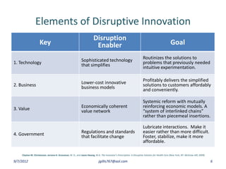 Elements of Disruptive Innovation
                                                                        Disruption
                    Key                                                  Enabler                                                                 Goal

                                                            Sophisticated technology                                   Routinizes the solutions to
1. Technology                                               that simplifies                                            problems that previously needed
                                                                                                                       intuitive experimentation.


                                                            Lower-cost innovative                                      Profitably delivers the simplified
2. Business                                                 business models                                            solutions to customers affordably
                                                                                                                       and conveniently.

                                                                                                                       Systemic reform with mutually
3. Value                                                    Economically coherent                                      reinforcing economic models. A
                                                            value network                                              “system of interlinked chains”
                                                                                                                       rather than piecemeal insertions.

                                                                                                                       Lubricate interactions. Make it
4. Government                                               Regulations and standards                                  easier rather than more difficult.
                                                            that facilitate change                                     Foster, stabilize, make it more
                                                                                                                       affordable.

    Clayton M. Christensen, Jerome H. Grossman, M. D., and Jason Hwang, M.D. The Innovator’s Prescription: A Disruptive Solution for Health Care (New York, NY: McGraw-Hill, 2009).

9/7/2012                                                                     jgillis767@aol.com                                                                                       6
 