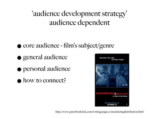 ‘audience development strategy’
            audience dependent


• core audience - ﬁlm’s subject/genre
• general audience
...