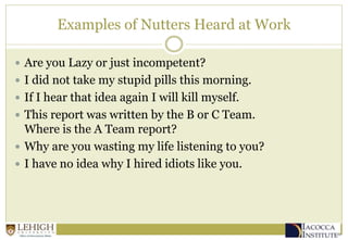 Examples of Nutters Heard at Work
 Are you Lazy or just incompetent?
 I did not take my stupid pills this morning.
 If I hear that idea again I will kill myself.
 This report was written by the B or C Team.
Where is the A Team report?
 Why are you wasting my life listening to you?
 I have no idea why I hired idiots like you.
 
