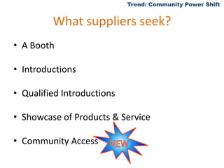 What suppliers seek?A BoothIntroductionsQualified IntroductionsShowcase of Products & ServiceCommunity Access Trend: Community Power Shift