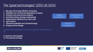 The “great technologies” (2012 UK GOV)
1. Big data and energy-efficient computing
2. Satellites and commercial applications of space
3. Robotics and autonomous systems
4. Synthetic biology (biology engineering)
5. Regenerative medicine (e.g. stem cell)
6. Agri-science
7. Advanced materials and nanotechnology
8. Energy and its storage
A further two technology areas were subsequently added to this
list:
9. Quantum technologies
10.The internet of things
Satellite
constellations
Artificial
Intelligence
Autonomous
vehicles
 