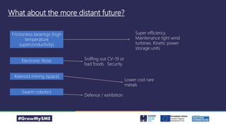 What about the more distant future?
Frictionless bearings (high
temperature
superconductivity)
Electronic Nose
Asteroid mining (space)
Swarm robotics
Sniffing out CV-19 or
bad foods. Security.
Lower cost rare
metals
Defence / exhibition
Super efficiency.
Maintenance light wind
turbines. Kinetic power
storage units
 