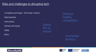 Risks and challenges to disruptive tech
Compliance and legal – think Uber London!
Data breaches
User privacy
Fairness and equity
Safety
Ethics
Speed,
first to
market
Uncharted
territory
Destroys
healthy
competition
 