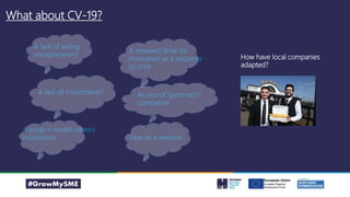 What about CV-19?
A lack of willing
entrepreneurs?
A lack of investments?
A surge in health related
innovations
A renewed drive for
innovation as a response
to crisis
An era of “giant-tech”
companies
Fear as a weapon
How have local companies
adapted?
 