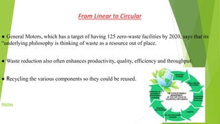 From Linear to Circular
● General Motors, which has a target of having 125 zero-waste facilities by 2020, says that its
“underlying philosophy is thinking of waste as a resource out of place.
● Waste reduction also often enhances productivity, quality, efficiency and throughput.
● Recycling the various components so they could be reused.
Wastes
 