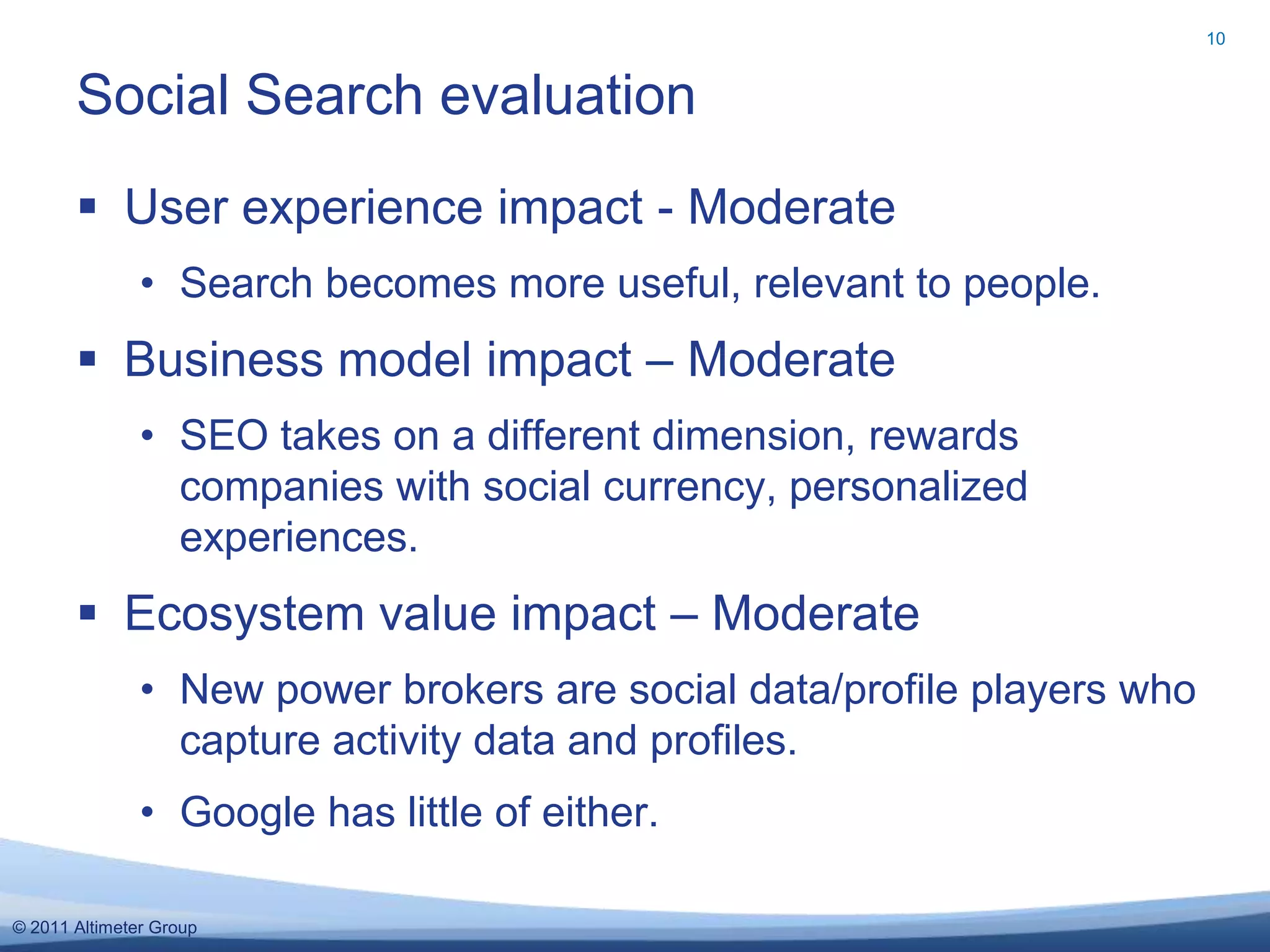Buy 2.0 evaluation8User experience impact - HighNew ways to buy and connect with each other and retailers.Business model impact – ModerateAcquisition costs can increase/decrease substantially with adoption.Increased noise/clutter requires more marketing.Ecosystem value impact – ModerateNew entrants like GroupOn become intermediaries.