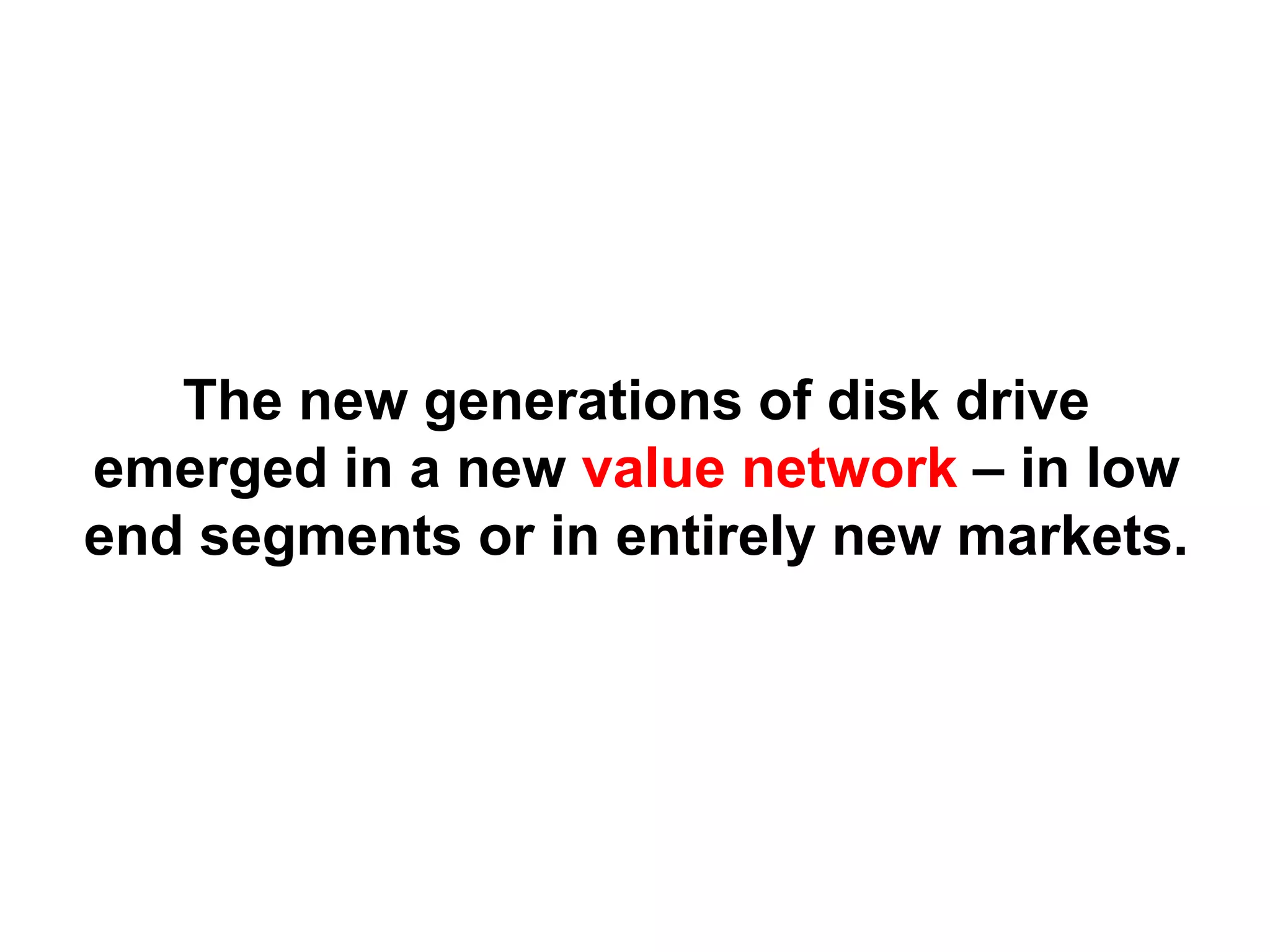 The new generations of disk drive
emerged in a new value network – in low
end segments or in entirely new markets.
 