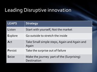 Leading Disruptive innovation

 LEAPS     Strategy
 Listen    Start with yourself, Not the market
 Explore   Go outside to stretch the inside
 Act       Take Small simple steps, Again and Again and
           Again
 Persist   Take the surprise out of failure
 Seize     Make the journey part of the (Surprising)
           Destination
 