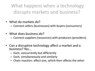 What happens when a technology
disrupts markets and business?
• What do markets do?
– Connect sellers (businesses) with buyers (consumers)

• What does business do?
– Connect suppliers (resources) with producers (providers)

• Can a disruptive technology affect a market and a
business? Yes…
– Each, concurrently but differently
– Each, simultaneously and similarly
– Chain reaction: affect one, which then affects the other

 