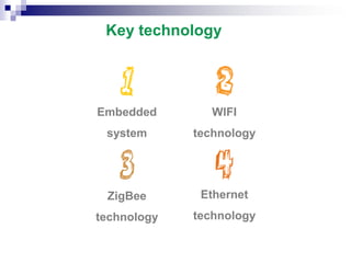 Key technology
Embedded
system
WIFI
technology
ZigBee
technology
Ethernet
technology
 