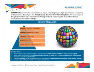 #9: MOBILE INTERNET 
CONCEPT: Mobile Internet is a combination of mobile computing devices, high high‐speed wireless connectivity, 
and applications. Basically it is the ability to access the internet on the mobile phone. This technology has 
brought a revolution in the information technology field with availability of as much information as 
required at just the tap of your finger. 
INDUSTRY APPLICATION 
Healthcare • Treatment of chronic diseases 
•Remote monitoring of patients 
Education • Online admission and classes 
•Improve learning inside and outside classrooms 
Public Sector • Citizen services 
Retail • Online Shopping 
Finance • Bill Payment and Online Transactions 
CURRENT STAGE: 
• Mobile Internet usage could generate global economic impact of USD 3.7 Trillion to USD 10.8 Trillion per year by 2025 
• Global mobile internet traffic reached 1.5 exabytes per month at the end of 2013 with over half a Billion (526 Million) mobile 
devices and connections added in 2013 
• The major challenges for the limitless growth of this technology are to pack more computing power, sharper displays, multiple 
sensors, and powerful antennas into ever‐smaller mobile devices 
Source: McKinsey & Company Cisco Visual Networking Index 
 