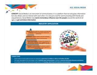 #12: SOCIAL MEDIA 
CONCEPT: Social Media is an instrument of communication; it is a platform that not only gives information 
but also allows users to interact with each other. It is not just a tool for communicating with friends and 
acquaintances; Social Media now exerts tremendous influence over the people around the world of all 
ages, to get and share information. 
INDUSTRY APPLICATION 
Retail • Connects with the customers and reach out 
to them personally know their interest and 
to preferences 
Healthcare • Remote patient care and monitoring 
•One‐to‐many’ doctor patient communication 
Government Sector • Enhance the outreach of 
government •• Effective citizen engagement and 
communication with all stakeholders in real‐time 
Finance • Understanding the customers’ opinion 
about services and products • Quick response to 
customer feedback 
CURRENT STAGE: 
• Total number of social media accounts are expected to grow from 3.13 Billion in 2012 to 4.87 Billion till 2016 
• The major advantage of this technology is that it facilitates open communication, leading to enhanced information discovery and delivery 
• Social Media is being used extensively by organizations for branding, advertising and corporate communications 
Source: KPMG 
 
