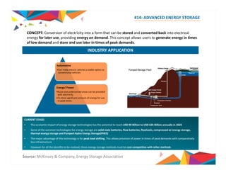 #14: ADVANCED ENERGY STORAGE 
CONCEPT: Conversion of electricity into form that can be stored and converted back into a electrical 
energy for later use, providing energy on demand. This concept allows users to generate energy in times 
of low demand and store and use later in times of peak demands. 
INDUSTRY APPLICATION 
Automotive 
•Can make electric vehicles a viable option to 
conventional vehicles 
Energy/ Power 
•Rural and underserved areas can be provided 
with electricity 
•To store significant amount of energy for use 
in peak times 
CURRENT STAGE: 
• The economic impact of energy storage technologies has the potential to reach USD 90 Billion to USD 635 Billion annually in 2025 
• Some of the common technologies for energy storage are solid state batteries, flow batteries, flywheels, compressed air energy storage, 
thermal energy storage and Pumped Hydro Energy Storage(PHES) 
• The major advantage of this technology is for peak load shifting. This allows provision of power in times of peak demands with comparatively 
less infrastructure 
• However for all the benefits to be realized, these energy storage methods must be cost competitive with other methods 
Source: McKinsey & Company, Energy Storage Association 
 