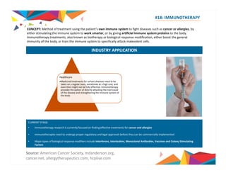 #18: IMMUNOTHERAPY 
CONCEPT: Method of treatment using the patient’s own immune system to fight diseases such as cancer or allergies, by 
ith ti l ti th i t t k t b i i tifi i l i t t i t th b d 
either stimulating the immune system to work smarter, or by giving artificial immune system proteins to the body. 
Immunotherapy treatments, also known as biotherapy or biological response modification, either boost the general 
immunity of the body, or train the immune system to specifically attack malevolent cells. 
INDUSTRY APPLICATION 
Healthcare 
•Medicinal treatments for certain diseases need to be 
taken on a regular basis, sometimes at a high cost, and 
even then might not be fully effective; immunotherapy 
provides the option of directly attacking the root cause 
of the disease and strengthening the immune system of 
the body 
CURRENT STAGE: 
• Immunotherapy research is currently focused on finding effective treatments for cancer and allergies 
• Immunotherapies need to undergo proper regulatory and legal approvals before they can be commercially implemented 
• j Major yp types of g biological p response modifiers include , Interferons, , Interleukins, Monoclonal , Antibodies, Vaccines and y Colony g 
Stimulating 
Factors 
Source: American Cancer Society, mdanderson.org, 
cancer.net, allergytherapeutics.com, hcplive.com 
 
