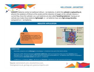 #49: LITHIUM – AIR BATTERY 
CONCEPT: Batteries similar to traditional Lithium – ion batteries, in which the cathode is replaced by air, 
wherein the oxidation of lithium at the anode and the reduction of oxygen at the cathode induces a 
current flow. Since the cathode is air, such batteries are also called ‘breathing batteries’; having an air 
cathode also makes these batteries lightweight. Li – air batteries have very high energy densities 
compared to Li – ion batteries. 
INDUSTRY APPLICATION 
Energy 
•Li – air batteries are being envisaged to be 
used majorly in electric car applications. Their 
reduced weight and increased energy density 
could help increase the energy efficiency of 
electric vehicles 
CURRENT STAGE: 
• Automobile companies such as Volkswagen are developing Li – air batteries to be used in their electric vehicles 
• Researchers at MIT, USA have developed a genetically modified virus, which can increase the surface area of the nanowires used as 
electrodes in the Li – air battery, which can then improve the performance and durability of Li – air batteries; Active research is also going on 
to find the optimum electrolytic solution to be used in Li – air batteries 
• In addition to Li – air batteries, Sodium – air batteries and Aluminium – air batteries are also researched and developed 
Source: extremetech.com, cleantechnica.com, 
theengineer.co.uk, gizmag.com, greencarreports.com 
 