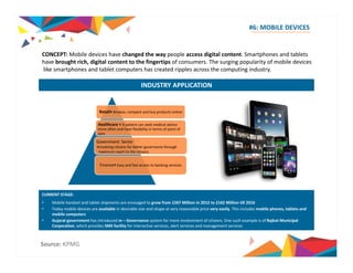 #6: MOBILE DEVICES 
CONCEPT: Mobile devices have changed the way people access digital content. Smartphones and tablets 
have brought rich, digital content to the fingertips of consumers. The surging popularity of mobile devices 
like smartphones and tablet computers has created ripples across the computing industry. 
INDUSTRY APPLICATION 
Retail• Browse, compare and buy products online 
Healthcare • A patient can seek medical advice 
more often and have flexibility in terms of point of 
care 
G•oRviseer onfm meHneta lSteh csteorrvices 
•Involving citizens for better governance through 
maximum reach to the citizens 
Finance• Easy and fast access to banking services 
CURRENT STAGE: 
• Mobile handset and tablet shipments are envisaged to grow from 1567 Million in 2012 to 2162 Million till 2016 
• Today mobile devices are available in desirable size and shape at very reasonable price very easily. This includes mobile phones, tablets and 
mobile computers 
• j Gujarat g government has introduced m – Governance y system for more involvement of citizens. One such p example is of j Rajkot p 
Municipal 
Corporation, which provides SMS facility for interactive services, alert services and management services 
Source: KPMG 
 