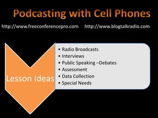 Podcasting with Cell Phoneshttp://www.freeconferencepro.comhttp://www.blogtalkradio.com