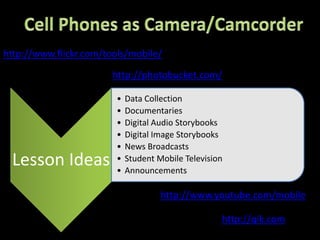 Cell Phones as Camera/Camcorderhttp://www.flickr.com/tools/mobile/http://photobucket.com/http://www.youtube.com/mobilehttp://qik.com
