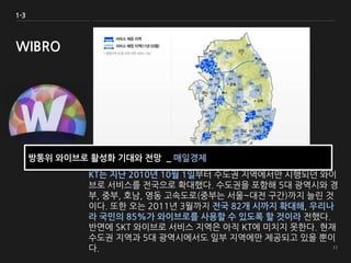 KT는 지난 2010년 10월 1일부터 수도권 지역에서만 시행되던 와이
브로 서비스를 전국으로 확대했다. 수도권을 포함해 5대 광역시와 경
부, 중부, 호남, 영동 고속도로(중부는 서울~대전 구간)까지 늘린 것
이다. 또한 오는 2011년 3월까지 전국 82개 시까지 확대해, 우리나
라 국민의 85%가 와이브로를 사용할 수 있도록 할 것이라 전했다.
반면에 SKT 와이브로 서비스 지역은 아직 KT에 미치지 못한다. 현재
수도권 지역과 5대 광역시에서도 일부 지역에만 제공되고 있을 뿐이
다.
1-3
WIBRO
방통위 와이브로 활성화 기대와 전망 _ 매일경제
 