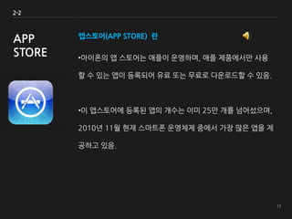 앱스토어(APP STORE) 란
•아이폰의 앱 스토어는 애플이 운영하며, 애플 제품에서만 사용
할 수 있는 앱이 등록되어 유료 또는 무료로 다운로드할 수 있음.
•이 앱스토어에 등록된 앱의 개수는 이미 25만 개를 넘어섰으며,
2010년 11월 현재 스마트폰 운영체제 중에서 가장 많은 앱을 제
공하고 있음.
2-2
APP
STORE
 
