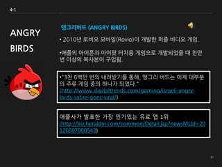앵그리버드 (ANGRY BIRDS)
• 2010년 로비오 모바일(Rovio)이 개발한 퍼즐 비디오 게임.
•애플의 아이폰과 아이팟 터치용 게임으로 개발되었을 때 천만
번 이상의 복사본이 구입됨.
4-1
ANGRY
BIRDS
•"3천 6백만 번의 내려받기를 통해, 앵그리 버드는 이제 대부분
의 주류 게임 중의 하나가 되었다.“
(http://www.digitaltrends.com/gaming/israeli-angry-
birds-satire-goes-viral/)
애플사가 발표한 가장 인기있는 유료 앱 1위
(http://biz.heraldm.com/common/Detail.jsp?newsMLId=20
120307000543)
 