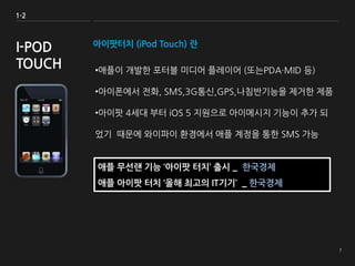 아이팟터치 (iPod Touch) 란
•애플이 개발한 포터블 미디어 플레이어 (또는PDA·MID 등)
•아이폰에서 전화, SMS,3G통신,GPS,나침반기능을 제거한 제품
•아이팟 4세대 부터 iOS 5 지원으로 아이메시지 기능이 추가 되
었기 때문에 와이파이 환경에서 애플 계정을 통한 SMS 가능
1-2
I-POD
TOUCH
애플 무선랜 기능 ‘아이팟 터치’ 출시 _ 한국경제
애플 아이팟 터치 ‘올해 최고의 IT기기’ _ 한국경제
 