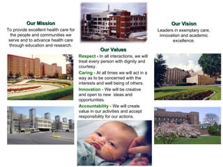 Our Mission To provide excellent health care for the people and communities we serve and to advance health care through education and research. Our Vision Leaders in exemplary care, innovation and academic excellence. Our Values Respect  -  In all interactions, we will treat every person with dignity and courtesy. Caring  - At all times we will act in a way as to be concerned with the interests and well being of others. Innovation  - We will be creative and open to new  ideas and opportunities. Accountability  - We will create value in our activities and accept responsibility for our actions. 