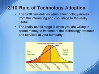 2/10 Rule of Technology Adoption
• The 2-10 rule defines when a technology moves
from the interesting and cool stage to the really
useful.
• The really useful stage is when you are willing to
spend money to implement the technology products
and services at your company.
Year 2
Cool Stage
Year 10
Useful
Stage
 
