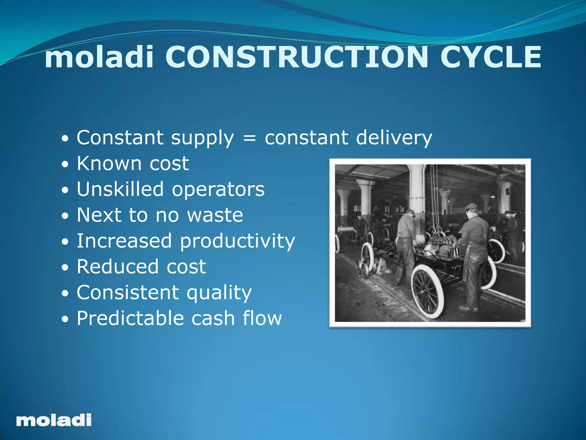 moladi
 Constant supply = constant delivery
 Known cost
 Unskilled operators
 Next to no waste
 Increased productivity
 Reduced cost
 Consistent quality
 Predictable cash flow
moladi CONSTRUCTION CYCLE
 