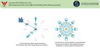 Current payment system require third-party
Intermediaries that often charge high processing fees …
… but machine-to-machine payment using the Bitcoin
Protocol could allow for direct payment between
Individuals, as well as support micropayments.
คณะกรรมการกิจการโทรคมนาคม (กทค.)
สานักงานคณะกรรมการกิจการกระจายเสียง กิจการโทรทัศน์ และกิจการโทรคมนาคมแห่งชาติ
 