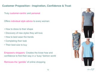 Customer Proposition - Inspiration, Confidence & Trust
Truly customer-centric and personal
Offers individual style advice to every woman:
• How to dress to their shape
• Discovery of new styles they will love
• How to best wear the trends
• Completing their look
• Their best size to buy
Empowers shoppers: Creates the know how and
confidence  to  find  their  way  in  a  ‘busy’  fashion  world
Removes  the  ‘gamble’  of online shopping
10

 