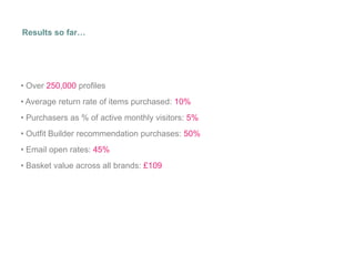 Results  so  far…

•  Over  250,000 profiles
• Average return rate of items purchased: 10%
•  Purchasers  as  %  of  active  monthly  visitors:  5%
•  Outfit  Builder  recommendation  purchases:  50%
•  Email  open  rates:  45%
•  Basket  value  across  all  brands: £109

 