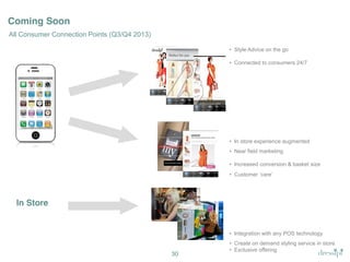 Coming Soon
All Consumer Connection Points (Q3/Q4 2013)
• Style Advice on the go
• Connected to consumers 24/7

• In store experience augmented
• Near field marketing
• Increased conversion & basket size
• Customer  ‘care’

In Store

• Integration with any POS technology

30

• Create on demand styling service in store
• Exclusive offering

 
