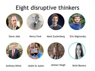 Eight disruptive thinkers
Nicki BowersAlistair HaighAndre & JustinAnthony Kittel
Eric MigicovskyMark ZuckerbergHenry FordSteve Jobs
 