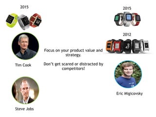 Focus on your product value and
strategy. 
 
Don’t get scared or distracted by
competitors!
Eric Migicovsky
Steve Jobs
20152015
Tim Cook
2012
 