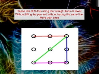 Please link all 9 dots using four straight lines or fewer,
Without lifting the pen and without tracing the same line
More than once
Please link all 9 dots using four straight lines or fewer,
Without lifting the pen and without tracing the same line
More than once
 