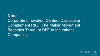 24
Nine
Corporate Innovation Centers Displace or
Complement R&D; The Maker Movement
Becomes Threat or BFF to Incumbent
Companies
 