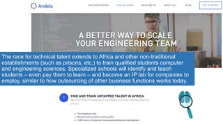 The race for technical talent extends to Africa and other non-traditional
establishments (such as prisons, etc.) to train qualified students computer
and engineering sciences. Specialized schools will identify and teach
students – even pay them to learn – and become an IP lab for companies to
employ, similar to how outsourcing of other business functions works today.
 
