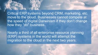 Critical ERP systems beyond CRM, marketing, etc.
move to the cloud. Businesses cannot compete at
the speed of digital Darw...
