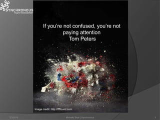 If you’re not confused, you’re not
                            paying attention
                              Tom Peters




           Image credit: http://ffffound.com


2/3/2013                              Michelle Shail | Synchronous   1
 