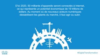 D'ici 2020, 50 milliards d'appareils seront connectés à Internet,
ce qui représente un potentiel économique de 19 trillions de
dollars. Au moment où de nouveaux acteurs numériques
déstabilisent les géants du marché, il faut agir ou subir.
 