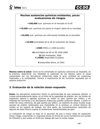 - 27 -
Muchas sustancias químicas existentes, pocas
evaluaciones de riesgos
~100,000 sust. químicas en el mercado en la UE
~75,000 sust. químicas con pocos (o ningún) datos de su toxicidad
~25,000 sust. químicas con información limitada de su toxicidad
~10,000 prioridades de la UE en evaluación de riesgos
~2500 HPVCs (>1000 ton/año)
42 prioridades de UE en ER 1996-2000
22 ERs finalizadas, 2000
4 (2000) disponibles al público
6 disponibles ahora, en 2001
Efectos sobre la salud. Como se ha comentado en capítulos anteriores es imposible, en
la práctica, determinar con fiabilidad la extensión de los efectos sobre la salud
ocasionados por los disruptores endocrinos dada la gran cantidad de sustancias
implicadas y la complejidad, número e importancia de las funciones reguladas por el
sistema endocrino.
2. Evaluación de la relación dosis-respuesta
Dosis: los disruptores endocrinos tienen la particularidad de que ocasionan efectos a
niveles extremadamente bajos, en el límite de la capacidad de análisis. Así, los límites de
exposición laboral a agentes químicos se miden en ppm (partes por millón) y sin
embargo las hormonas y los disruptores endocrinos pueden ocasionar efectos a dosis un
millón de veces inferiores, de ppb (partes por billón). La medición de estos niveles exige
equipos de análisis sofisticados que imposibilita en la práctica un control efectivo de
niveles en los lugares de trabaja. Por otra parte, las concentraciones corporales de
algunos de estos tóxicos supera en poblaciones industrializadas las ppm.
La evaluación de riesgo se basa en la asunción de que a mayor dosis de exposición
mayor riesgo, suponiendo un respuesta tóxica en forma de curva monotónica (sin puntos
de inflexión) y que existe un límite por debajo del cual no existe riesgo.
 