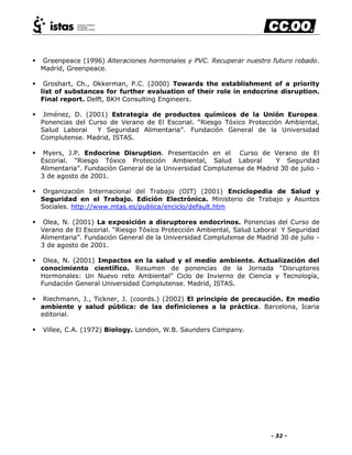 - 32 -
 Greenpeace (1996) Alteraciones hormonales y PVC. Recuperar nuestro futuro robado.
Madrid, Greenpeace.
 Groshart, Ch., Okkerman, P.C. (2000) Towards the establishment of a priority
list of substances for further evaluation of their role in endocrine disruption.
Final report. Delft, BKH Consulting Engineers.
 Jiménez, D. (2001) Estrategia de productos químicos de la Unión Europea.
Ponencias del Curso de Verano de El Escorial. ―Riesgo Tóxico Protección Ambiental,
Salud Laboral Y Seguridad Alimentaria‖. Fundación General de la Universidad
Complutense. Madrid, ISTAS.
 Myers, J.P. Endocrine Disruption. Presentación en el Curso de Verano de El
Escorial. ―Riesgo Tóxico Protección Ambiental, Salud Laboral Y Seguridad
Alimentaria‖. Fundación General de la Universidad Complutense de Madrid 30 de julio -
3 de agosto de 2001.
 Organización Internacional del Trabajo (OIT) (2001) Enciclopedia de Salud y
Seguridad en el Trabajo. Edición Electrónica. Ministerio de Trabajo y Asuntos
Sociales. http://www.mtas.es/publica/enciclo/default.htm
 Olea, N. (2001) La exposición a disruptores endocrinos. Ponencias del Curso de
Verano de El Escorial. ―Riesgo Tóxico Protección Ambiental, Salud Laboral Y Seguridad
Alimentaria‖. Fundación General de la Universidad Complutense de Madrid 30 de julio -
3 de agosto de 2001.
 Olea, N. (2001) Impactos en la salud y el medio ambiente. Actualización del
conocimiento científico. Resumen de ponencias de la Jornada ―Disruptores
Hormonales: Un Nuevo reto Ambiental‖ Ciclo de Invierno de Ciencia y Tecnología,
Fundación General Universidad Complutense. Madrid, ISTAS.
 Riechmann, J., Tickner, J. (coords.) (2002) El principio de precaución. En medio
ambiente y salud pública: de las definiciones a la práctica. Barcelona, Icaria
editorial.
 Villee, C.A. (1972) Biology. London, W.B. Saunders Company.
 