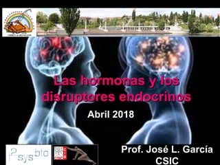 Las hormonas y losLas hormonas y los
disruptores endocrinosdisruptores endocrinos
Prof. José L. GarcíaProf. José L. García
CSICCSIC
Abril 2018Abril 2018
 