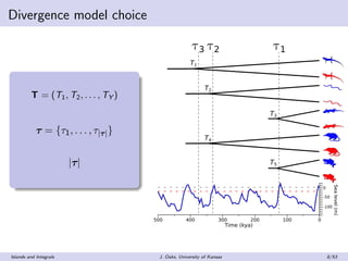 Divergence model choice
T = (T1, T2, . . . , TY)
τ = {τ1, . . . , τ|τ|}
|τ|
T2
T3
T5
τ2 τ1
T1
τ3
T4
0100200300400500
Time ...
