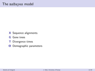 The msBayes model
X Sequence alignments
G Gene trees
T Divergence times
Θ Demographic parameters
Islands and Integrals J. ...