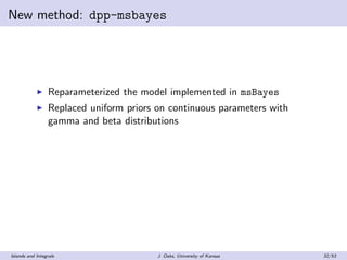 New method: dpp-msbayes
Reparameterized the model implemented in msBayes
Replaced uniform priors on continuous parameters ...