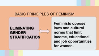 BASIC PRINCIPLES OF FEMINISM
ELIMINATING
GENDER
STRATIFICATION
Feminists oppose
laws and cultural
norms that limit
income, educational
and job opportunities
for women.
 